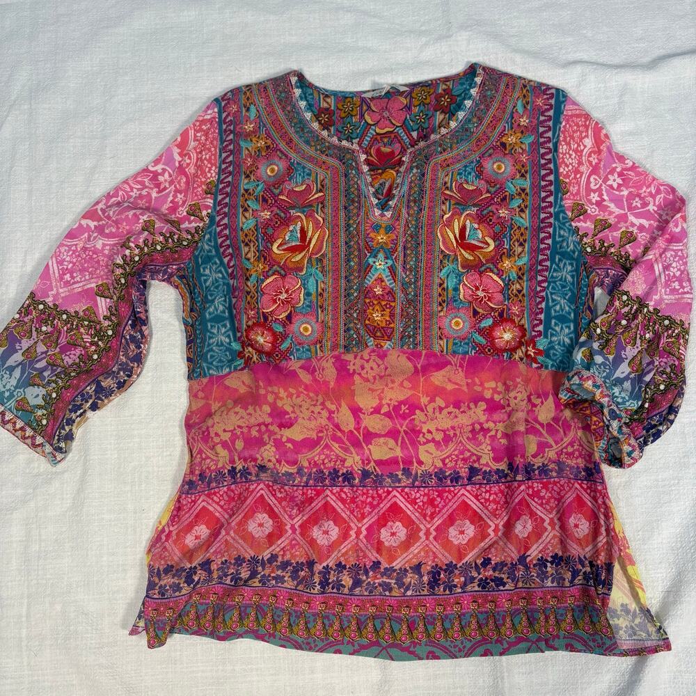 John Mark Women’s L Pink Patchwork Print Embroidered Tunic Blouse Boho Festival